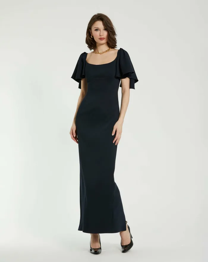 Crepe Fitted Column Dress With Short Ruffle Sleeves Navy Every Day Dresses Mac Duggal Women