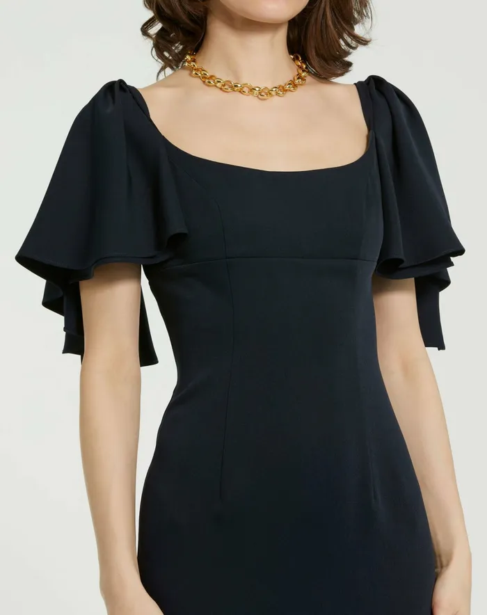 Crepe Fitted Column Dress With Short Ruffle Sleeves Navy Every Day Dresses Mac Duggal Women