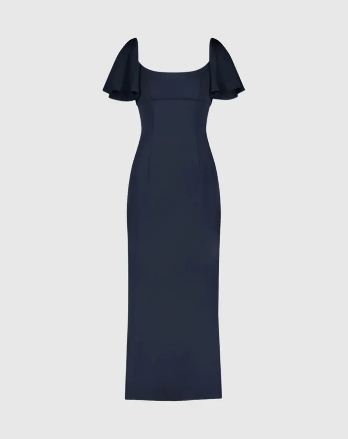 Crepe Fitted Column Dress With Short Ruffle Sleeves Navy Every Day Dresses Mac Duggal Women