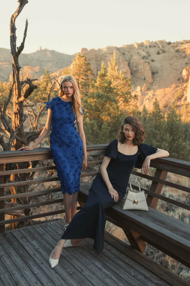 Crepe Fitted Column Dress With Short Ruffle Sleeves Navy Every Day Dresses Mac Duggal Women