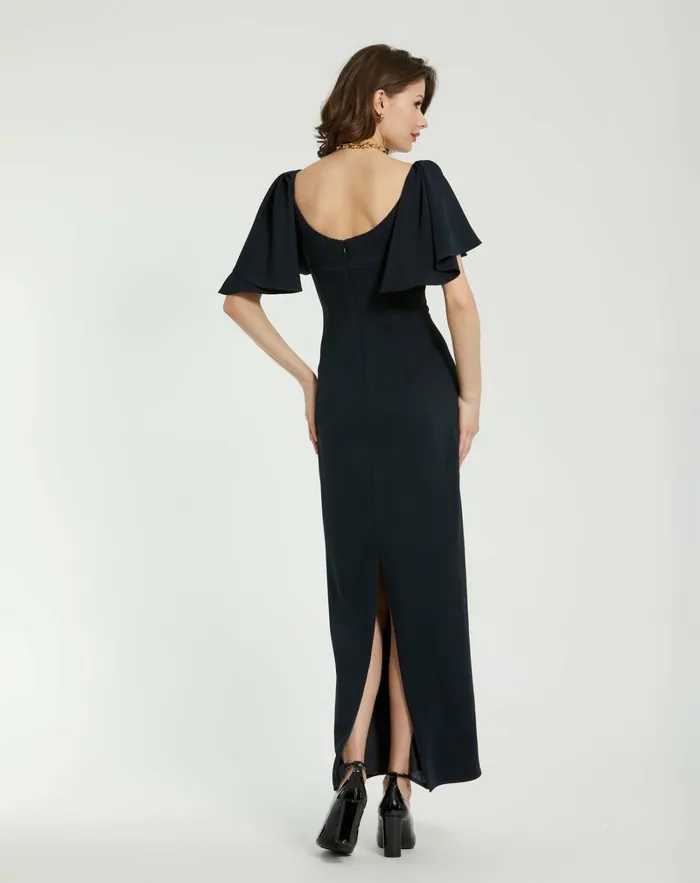 Crepe Fitted Column Dress With Short Ruffle Sleeves Navy Every Day Dresses Mac Duggal Women