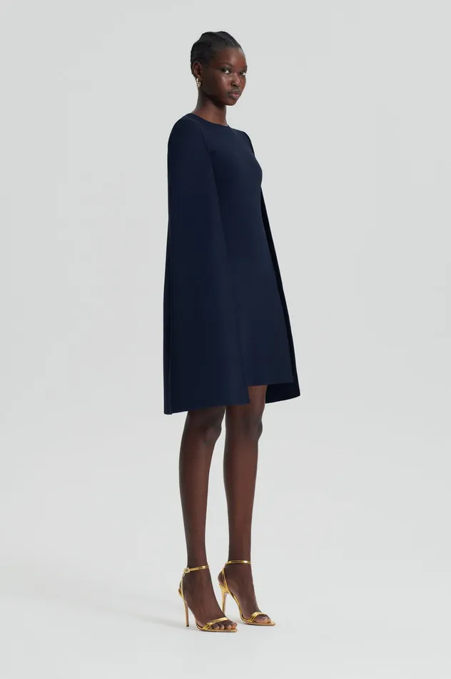 CREPE KNIT CAPE DRESS NAVY Dresses Scanlan Theodore Women CREPE KNIT CAPE DRESS NAVY Dresses Scanlan Theodore Women