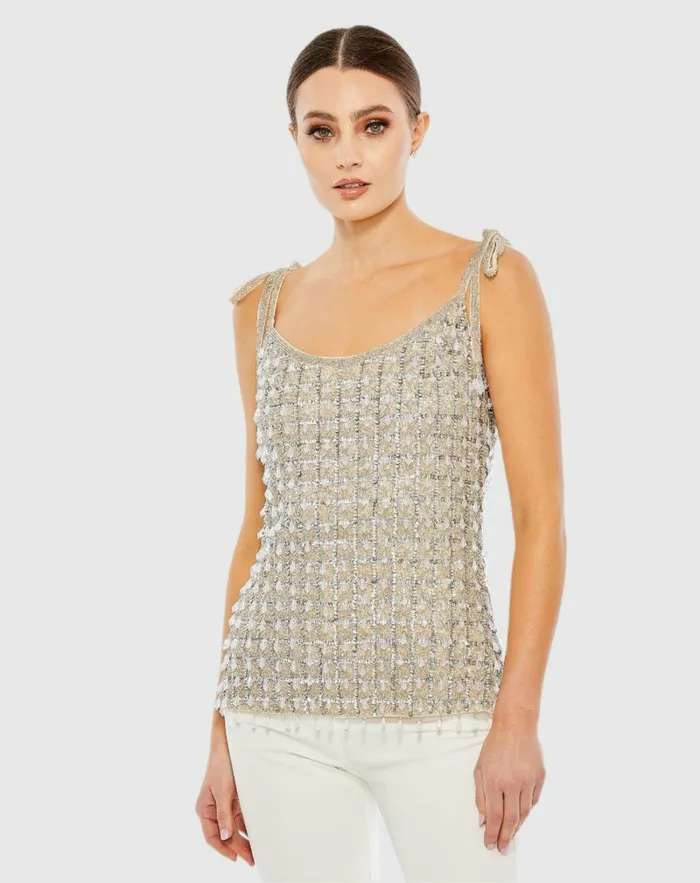 Crystal Embellished Soft Tie Cami Top 8211 FINAL SALE Nude Women Blouses and Tops Mac Duggal