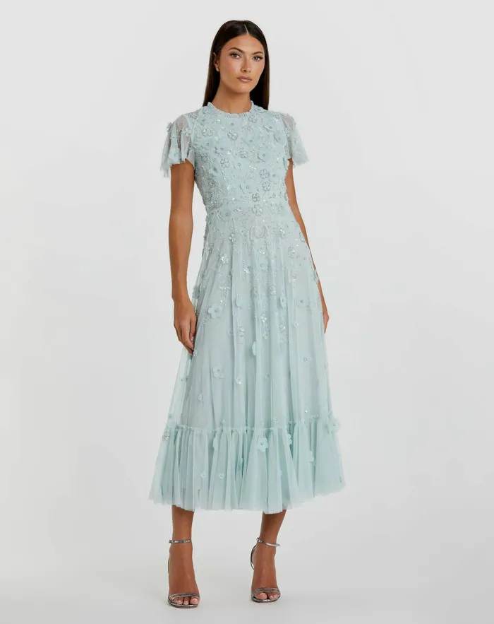 Daytime Dresses Mac Duggal Women Embellished High Neck Cap Sleeve A Line Dress Powder Blue