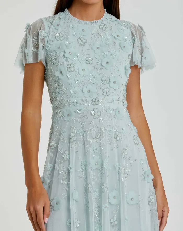 Daytime Dresses Mac Duggal Women Embellished High Neck Cap Sleeve A Line Dress Powder Blue