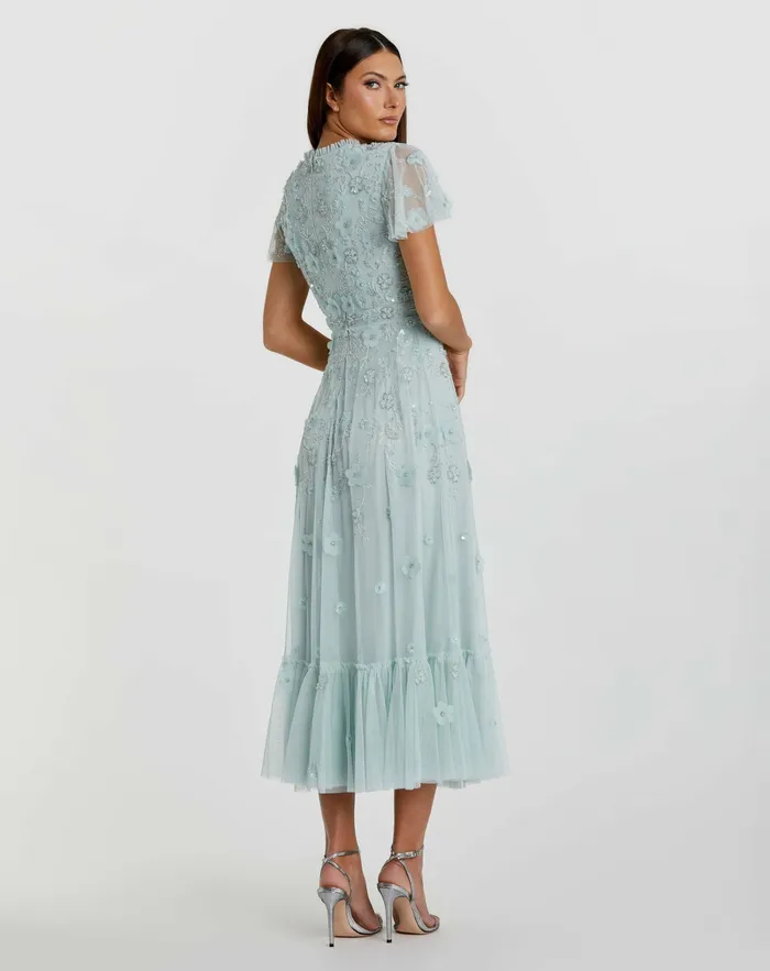 Daytime Dresses Mac Duggal Women Embellished High Neck Cap Sleeve A Line Dress Powder Blue