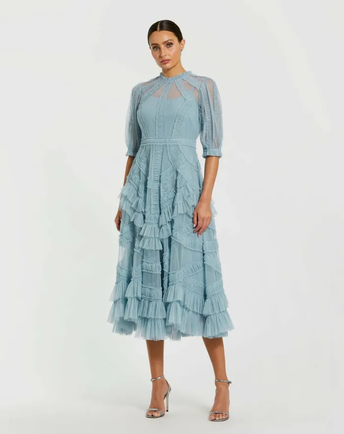 Daytime Dresses Mac Duggal Women Light Blue High Neck Micro Ruffle Tiered Midi Dress French Blue