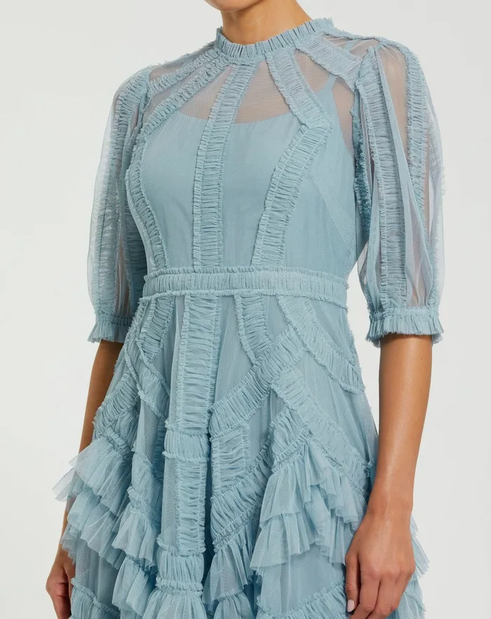 Daytime Dresses Mac Duggal Women Light Blue High Neck Micro Ruffle Tiered Midi Dress French Blue