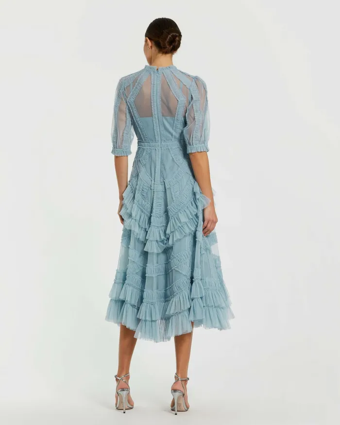 Daytime Dresses Mac Duggal Women Light Blue High Neck Micro Ruffle Tiered Midi Dress French Blue