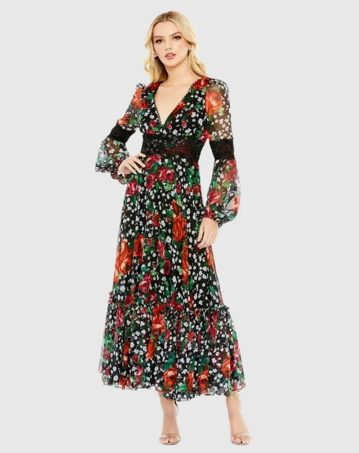 Daytime Dresses Vneck Floral Long Puff Sleeve Ruffle Dress 8211 FINAL SALE Black Multi 8211 Mac Duggal Women