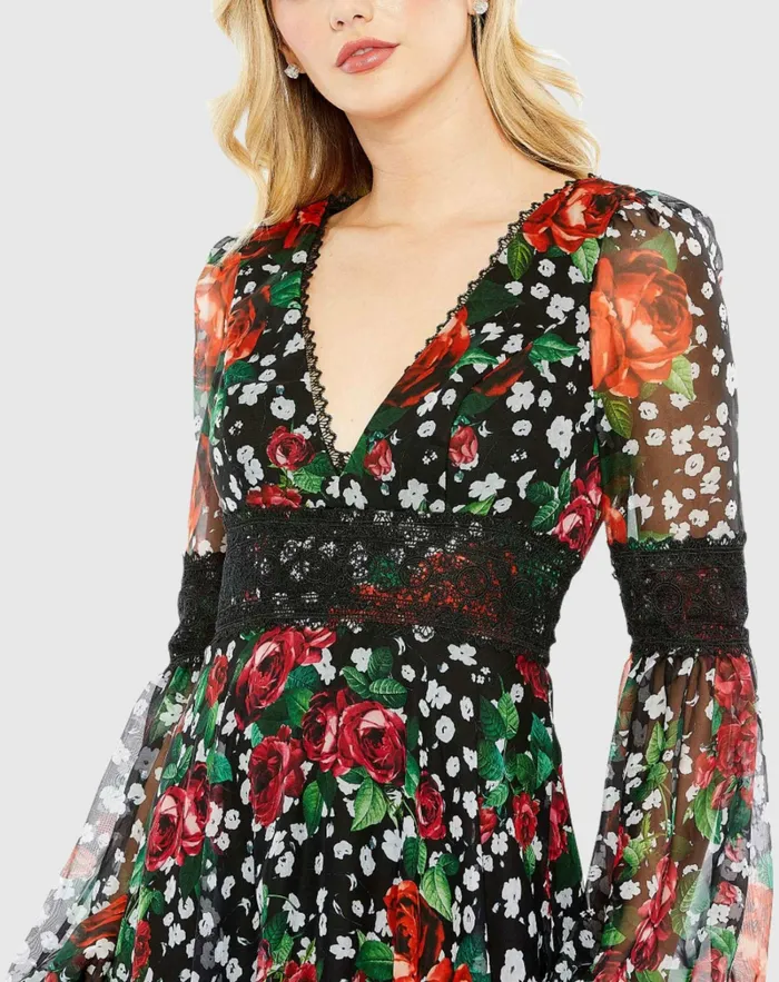 Daytime Dresses Vneck Floral Long Puff Sleeve Ruffle Dress 8211 FINAL SALE Black Multi 8211 Mac Duggal Women Daytime Dresses Vneck Floral Long Puff Sleeve Ruffle Dress 8211 FINAL SALE Black Multi 8211 Mac Duggal Women