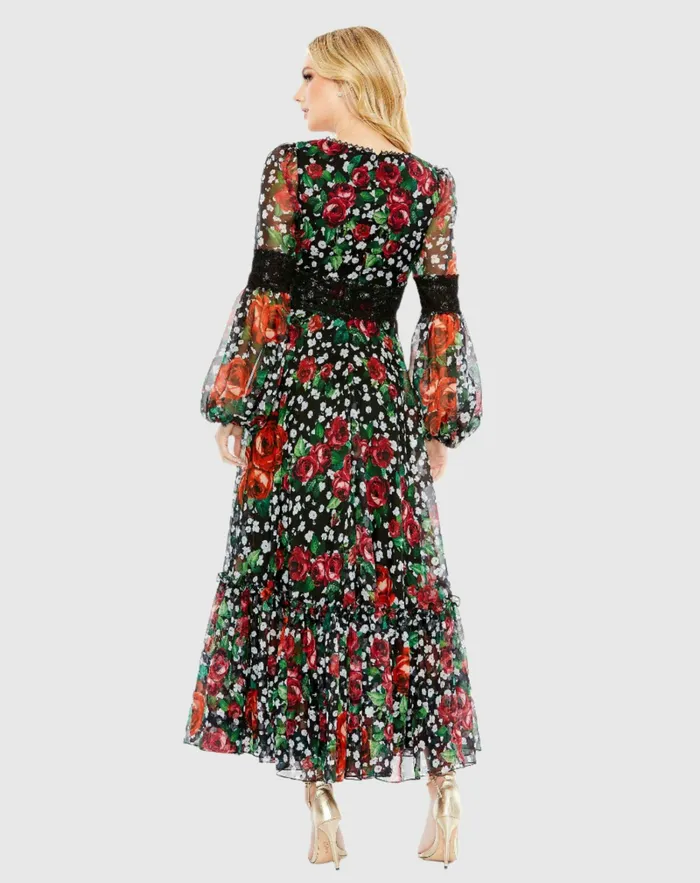 Daytime Dresses Vneck Floral Long Puff Sleeve Ruffle Dress 8211 FINAL SALE Black Multi 8211 Mac Duggal Women Daytime Dresses Vneck Floral Long Puff Sleeve Ruffle Dress 8211 FINAL SALE Black Multi 8211 Mac Duggal Women