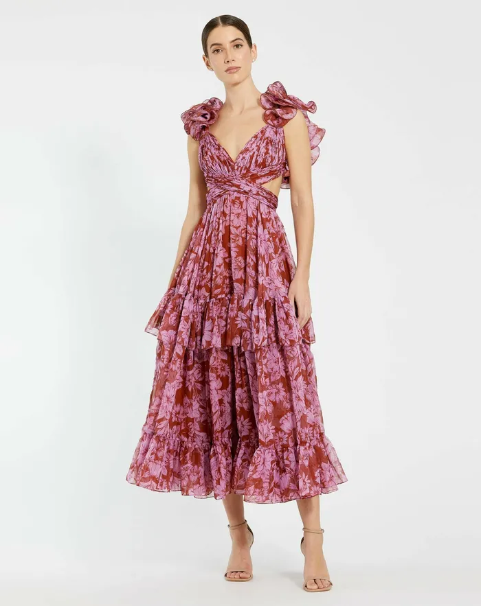 Daytime Dresses Women Ruffle Tiered CutOut Chiffon Midi Dress Red Multi Mac Duggal