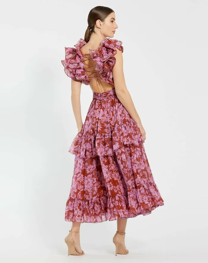 Daytime Dresses Women Ruffle Tiered CutOut Chiffon Midi Dress Red Multi Mac Duggal
