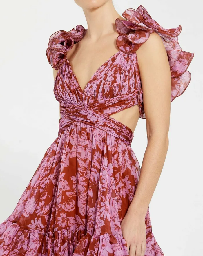 Daytime Dresses Women Ruffle Tiered CutOut Chiffon Midi Dress Red Multi Mac Duggal