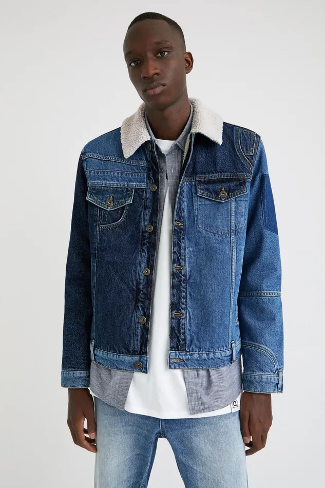 Desigual Sherpalined Patchwork Denim Jacket Mens Jackets and Coats