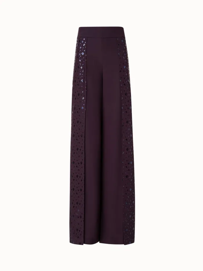 DoubleLayer Silk Crpe Wide Leg Pants With Pixel Foil Embellishment Blackberry Women Akris Pants
