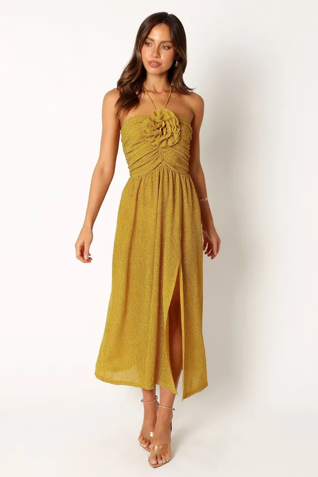 Dresses petalandpup Women Arya Halterneck Midi Dress 8211 Yellow Yellow