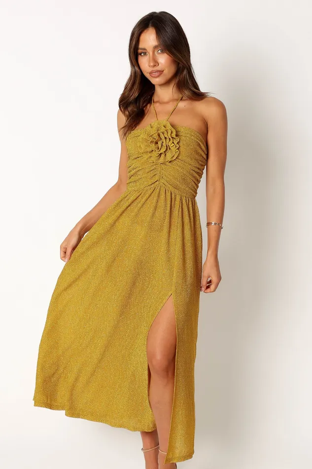 Dresses petalandpup Women Arya Halterneck Midi Dress 8211 Yellow Yellow