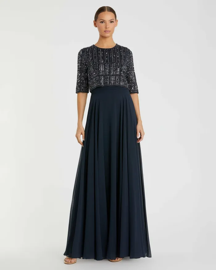 Evening Gowns Blue Chiffon Gown w Fully Beaded 34 Sleeve Top Midnight 8211 Mac Duggal Women
