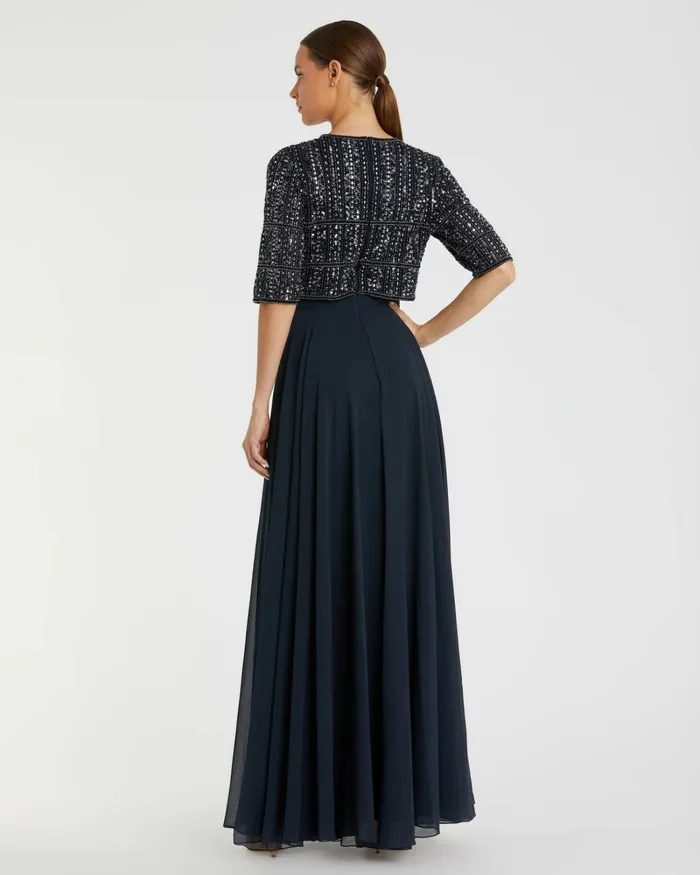 Evening Gowns Blue Chiffon Gown w Fully Beaded 34 Sleeve Top Midnight 8211 Mac Duggal Women