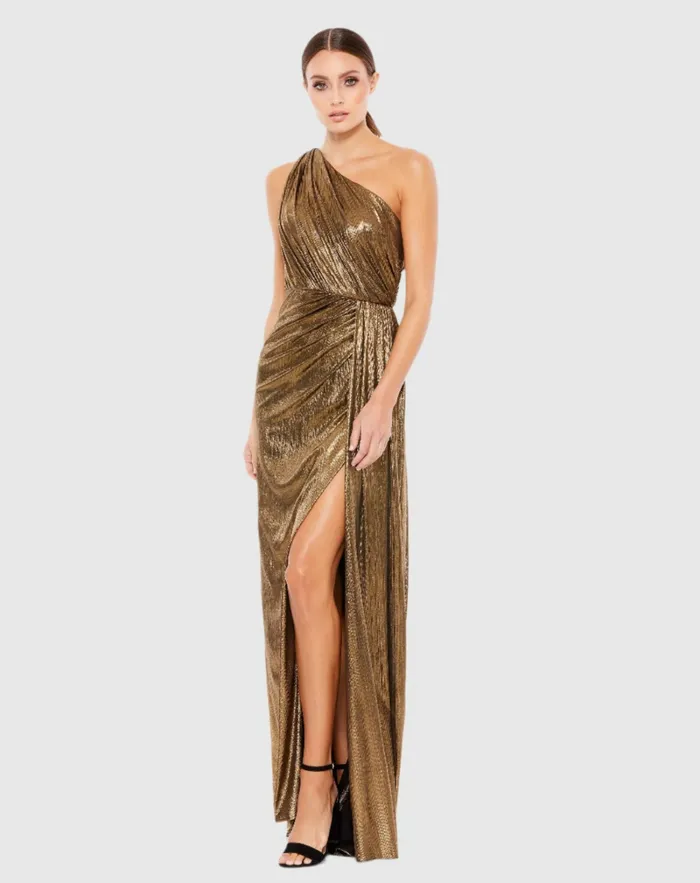 Evening Gowns Gold One Shoulder Draped Gown Antique Gold Mac Duggal Women