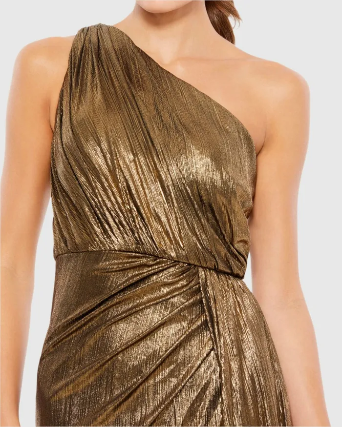 Evening Gowns Gold One Shoulder Draped Gown Antique Gold Mac Duggal Women