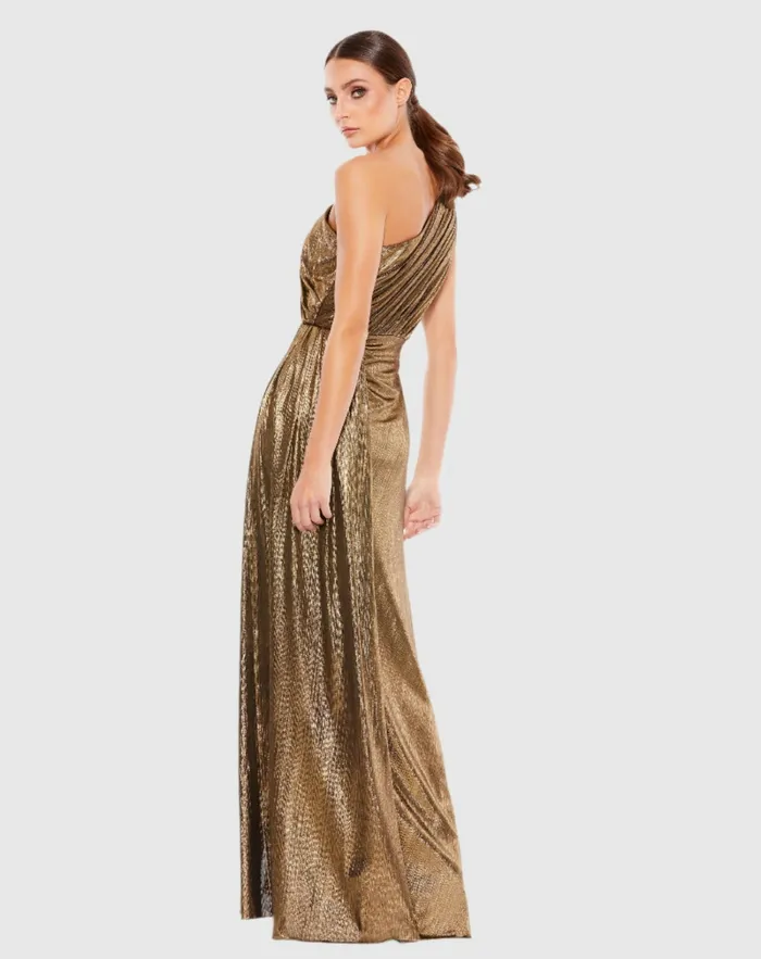 Evening Gowns Gold One Shoulder Draped Gown Antique Gold Mac Duggal Women