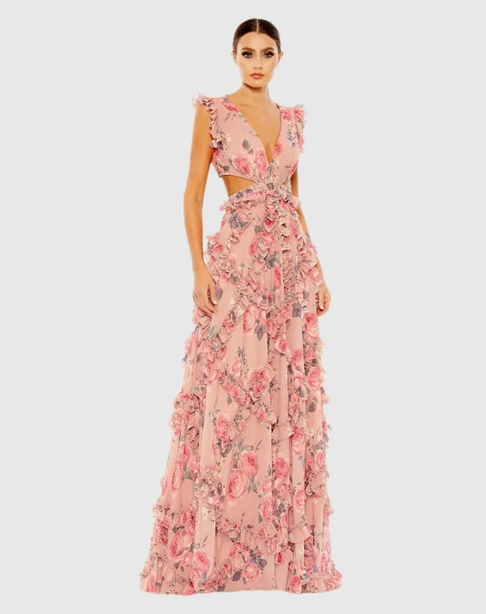 Evening Gowns Mac Duggal Women Ruffled Cut Out Cap Sleeve V Neck Gown Rose Multi