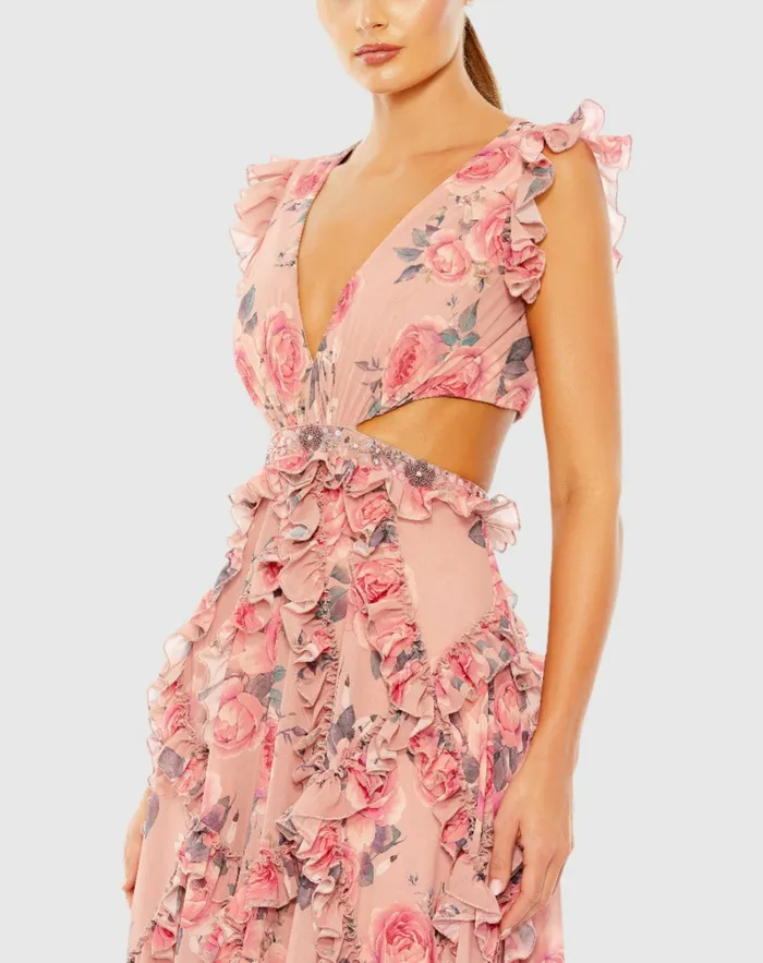 Evening Gowns Mac Duggal Women Ruffled Cut Out Cap Sleeve V Neck Gown Rose Multi