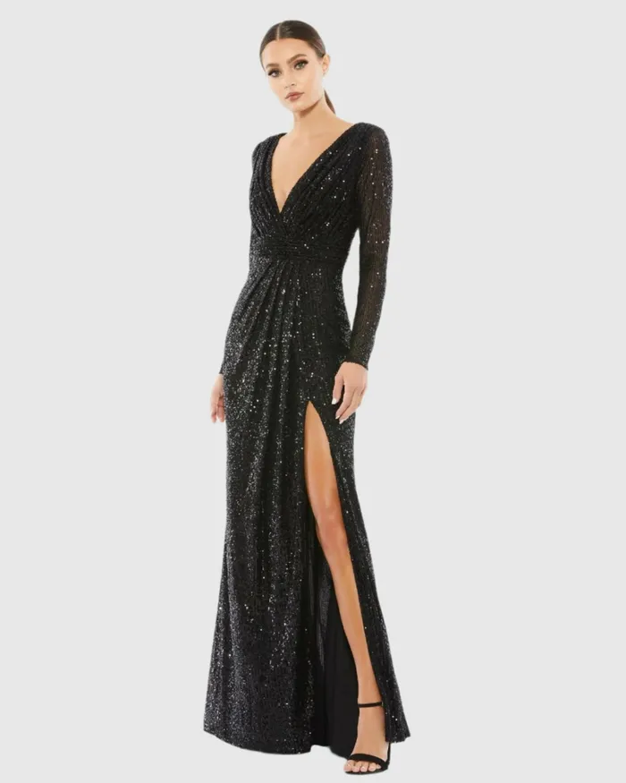 Evening Gowns Women Black Sequined Long Sleeve Gown Black Mac Duggal
