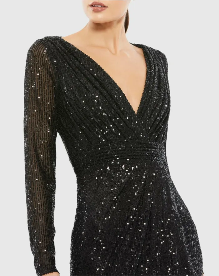 Evening Gowns Women Black Sequined Long Sleeve Gown Black Mac Duggal