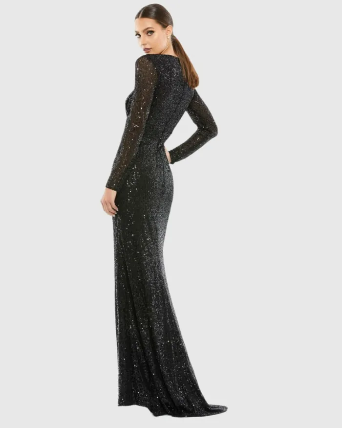 Evening Gowns Women Black Sequined Long Sleeve Gown Black Mac Duggal