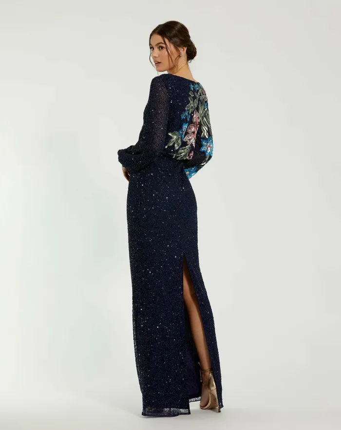 Evening Gowns Women Blue Embellished Multi Color Floral High Neck Gown Midnight Mac Duggal