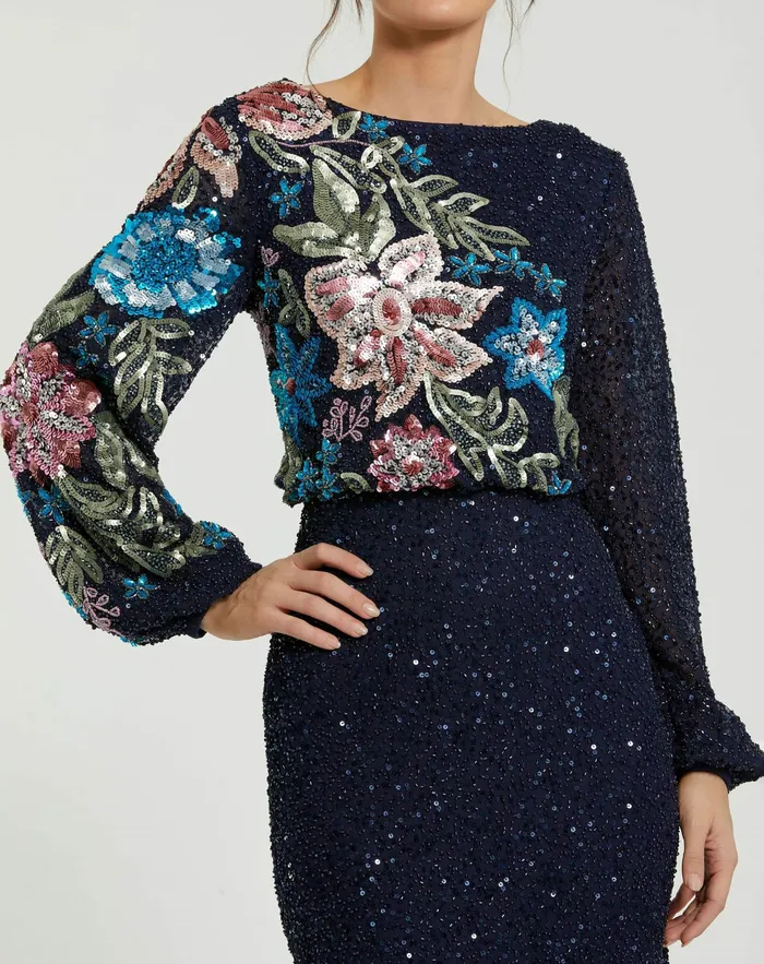 Evening Gowns Women Blue Embellished Multi Color Floral High Neck Gown Midnight Mac Duggal