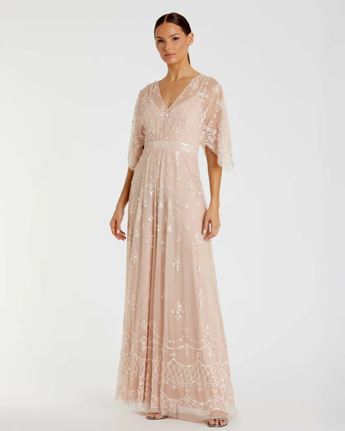 Evening Gowns Women V Neck Flounce Sleeve Embellished Mesh Gown Blush Mac Duggal