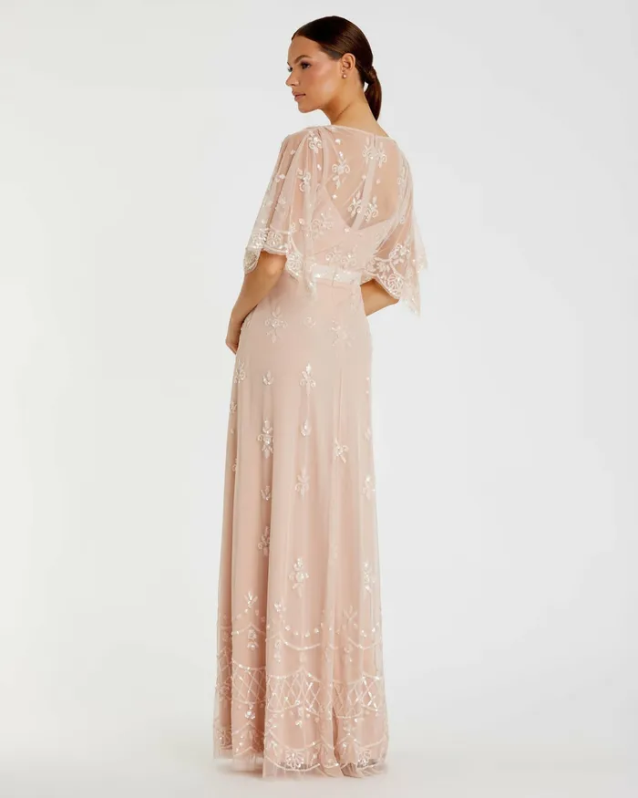 Evening Gowns Women V Neck Flounce Sleeve Embellished Mesh Gown Blush Mac Duggal
