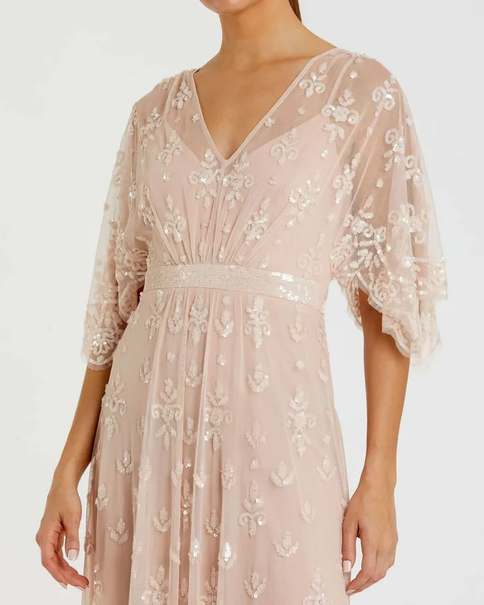 Evening Gowns Women V Neck Flounce Sleeve Embellished Mesh Gown Blush Mac Duggal