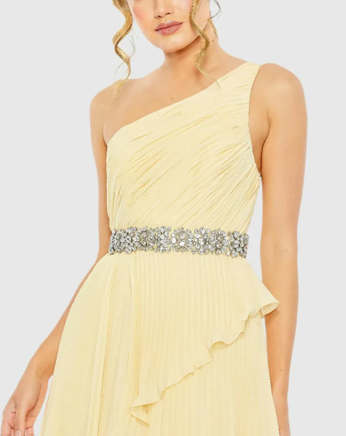 Evening Gowns Women Yellow Pleated One Shoulder Asymmetrical Ruffle Hem Gown Butter Mac Duggal