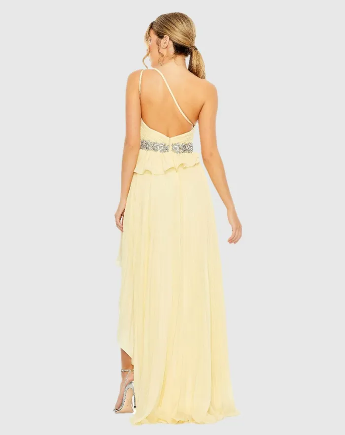 Evening Gowns Women Yellow Pleated One Shoulder Asymmetrical Ruffle Hem Gown Butter Mac Duggal