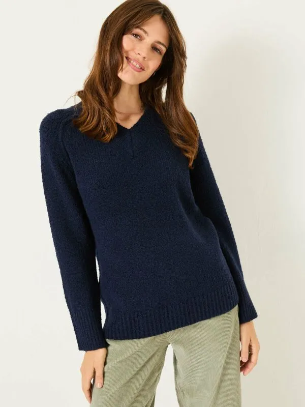 Fat Face Knitwear Women Navy Bonnie Boucle VNeck Jumper