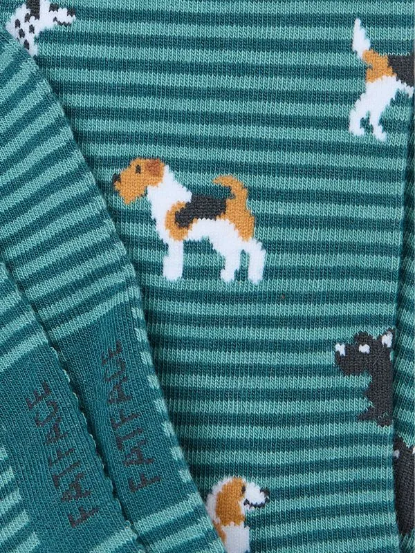 Fat Face Socks Men Teal Blue Dogs Striped Socks