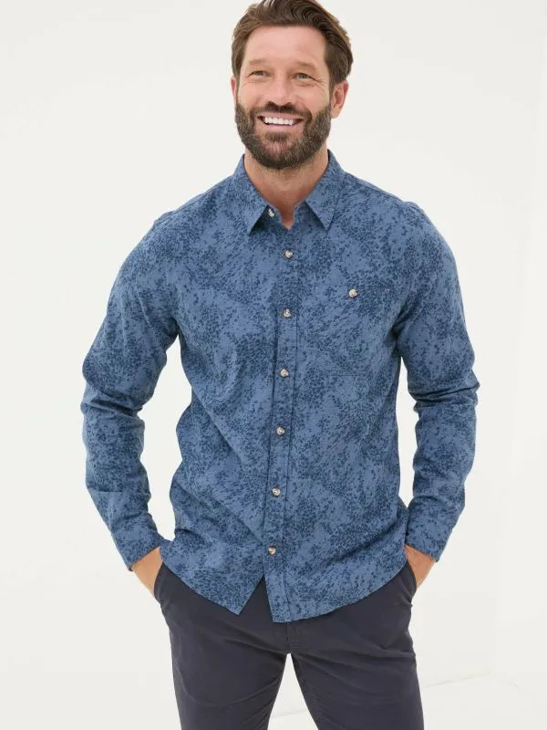 Fat Face Tall Collection Men Blue Long Sleeve Leaf Print 100 Cotton Shirt