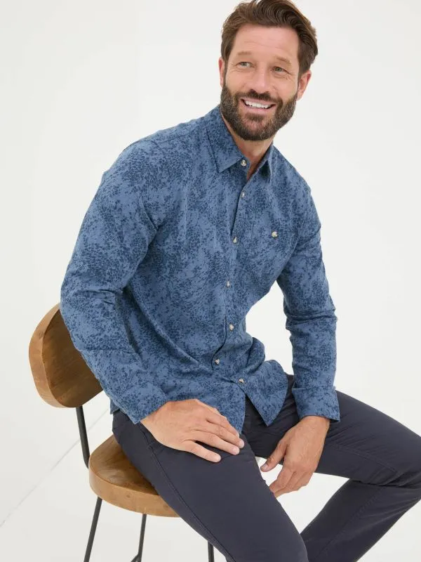 Fat Face Tall Collection Men Blue Long Sleeve Leaf Print 100 Cotton Shirt