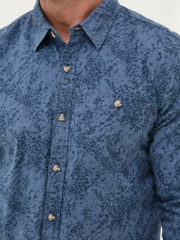 Fat Face Tall Collection Men Blue Long Sleeve Leaf Print 100 Cotton Shirt