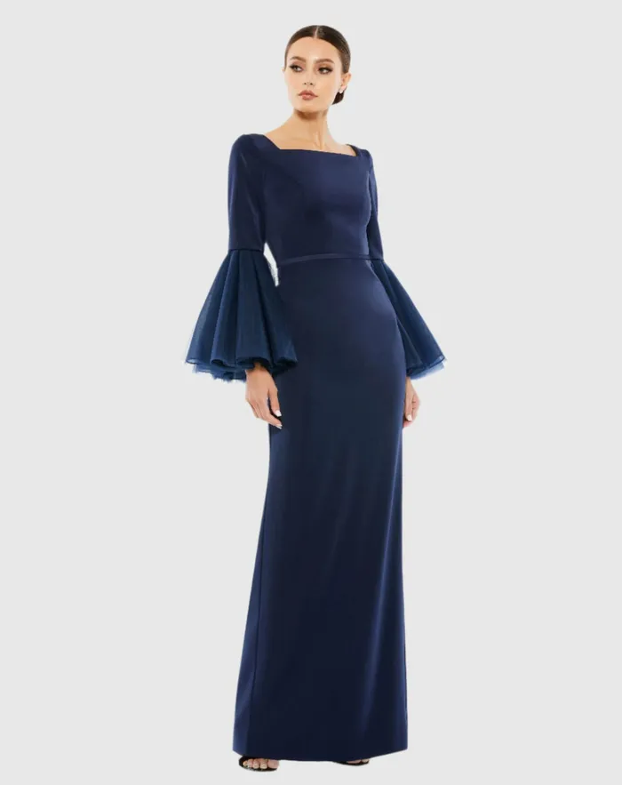 Flounce Sleeve Square Neck Column Gown Navy Best Sellers Mac Duggal Women