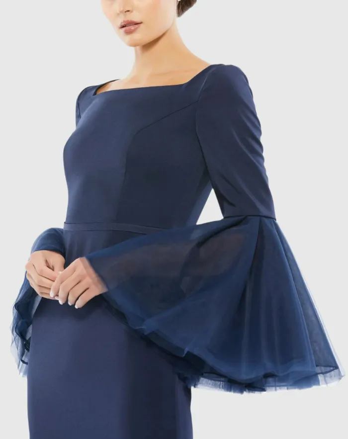 Flounce Sleeve Square Neck Column Gown Navy Best Sellers Mac Duggal Women