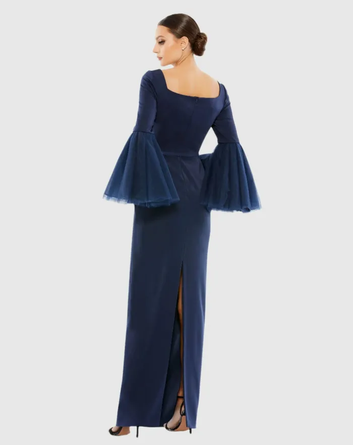 Flounce Sleeve Square Neck Column Gown Navy Best Sellers Mac Duggal Women