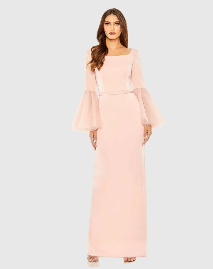Flounce Sleeve Square Neck Column Gown Navy Best Sellers Mac Duggal Women