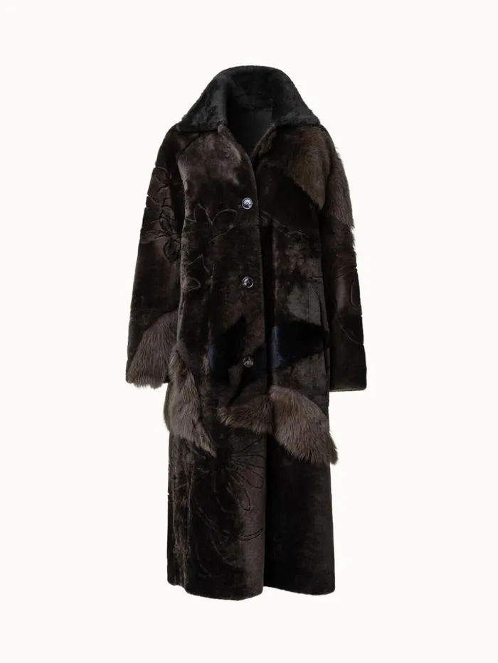 Flower Patchwork Shearling Coat Moss Women Akris Coats